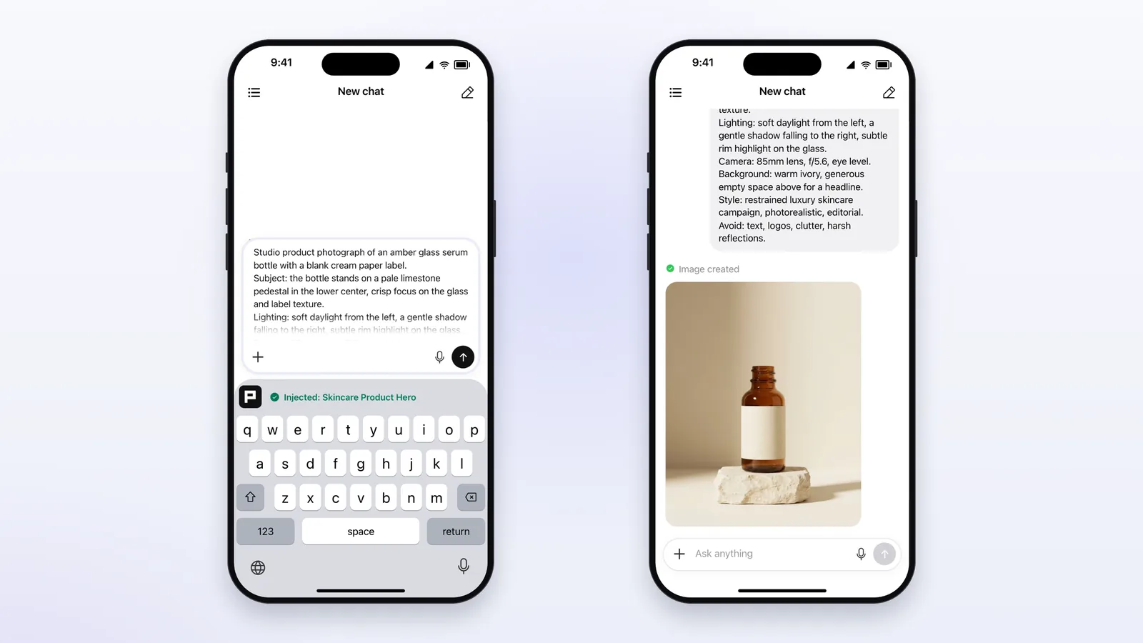 The PrompX keyboard inserting a structured skincare product photo prompt into an AI chat app, next to the image that prompt generated