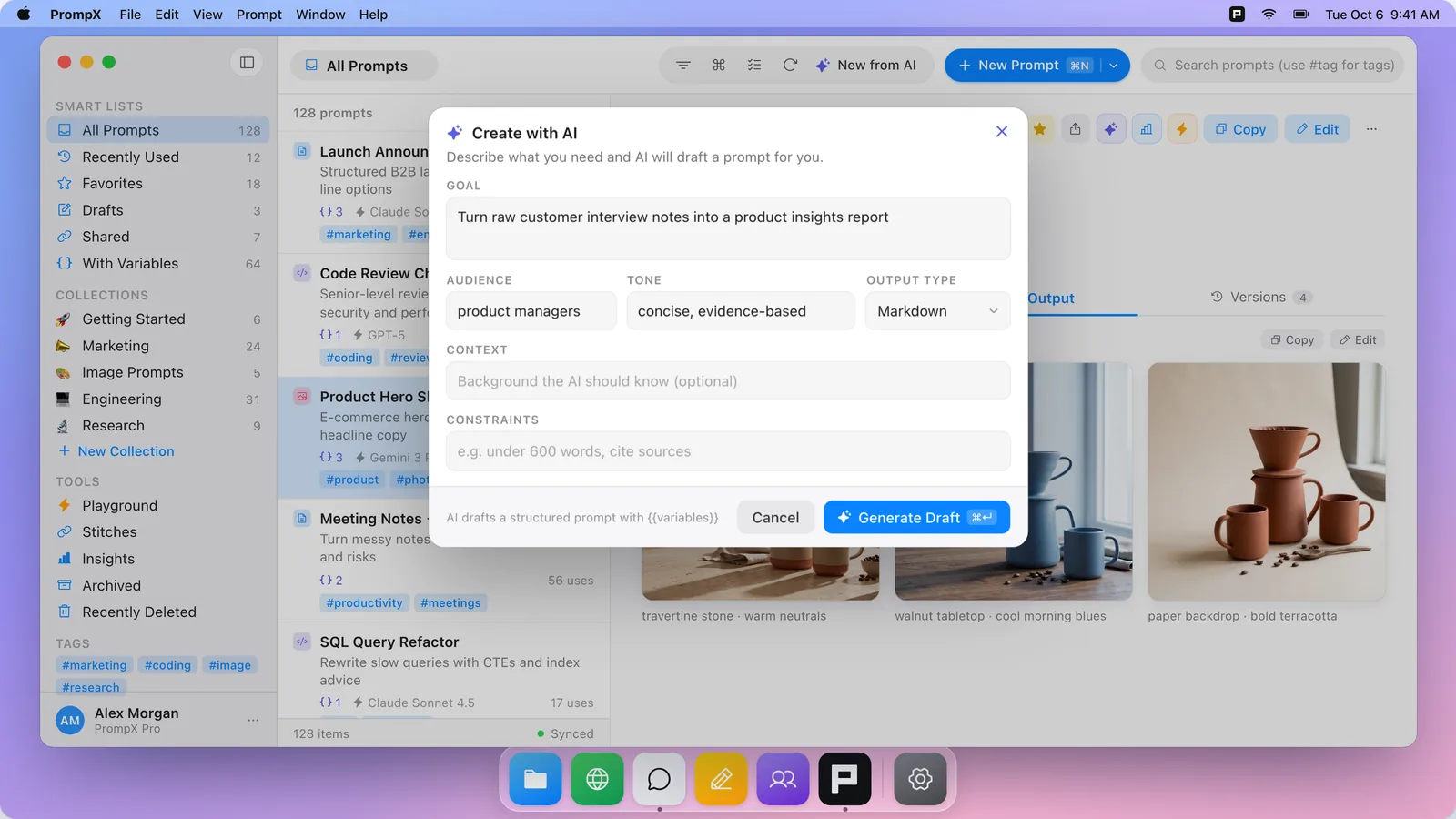 The Create with AI sheet in PrompX for Mac with a goal, audience, and tone filled in
